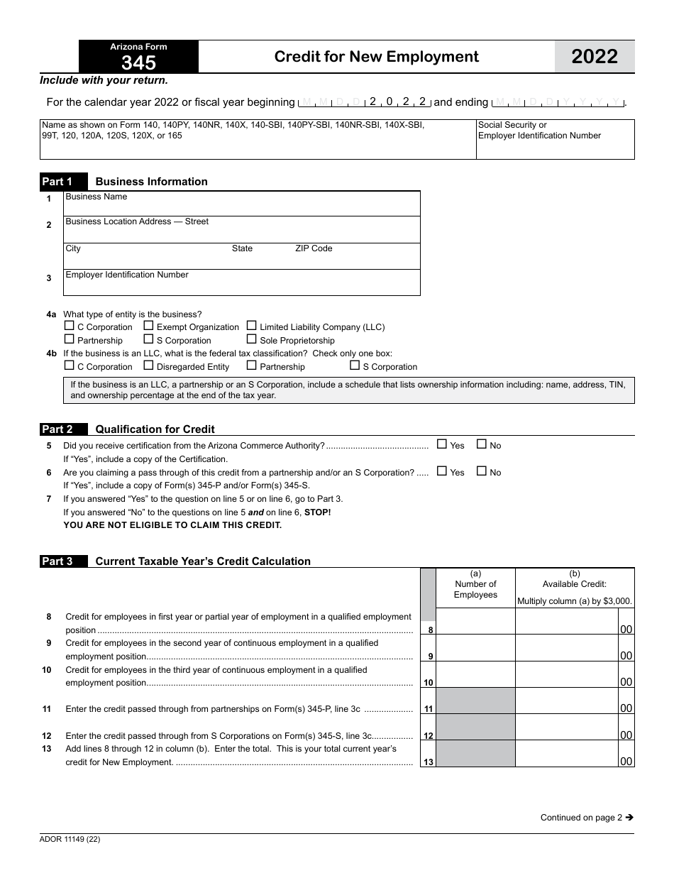 Arizona Form 345 ADOR11149 Download Fillable PDF Or Fill Online   Arizona Form 345 Ador11149 Credit For New Employment Arizona Print Big 