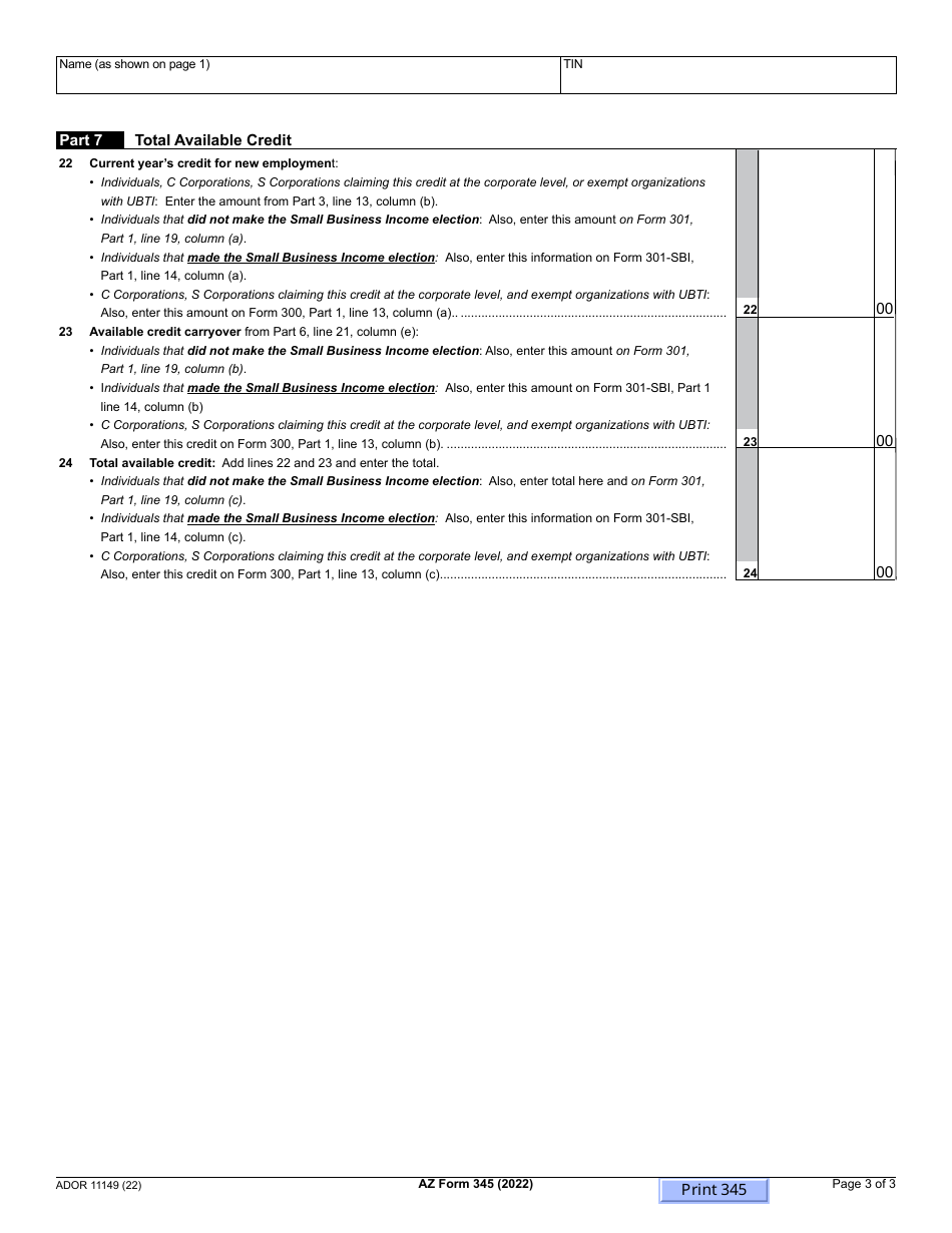 Arizona Form 345 (ADOR11149) Credit for New Employment - Arizona, Page 3
