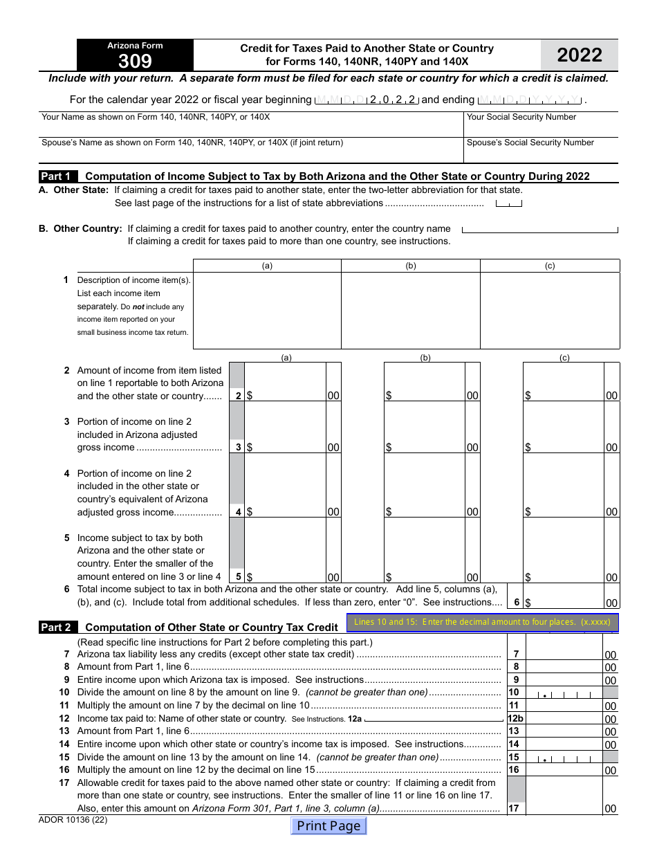 Arizona Form 309 (ADOR10136) Credit for Taxes Paid to Another State or Country for Forms 140, 140nr, 140py and 140x - Arizona, Page 1