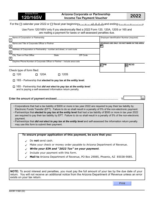 Arizona Form 120/165V (ADOR11365) 2022 Printable Pdf
