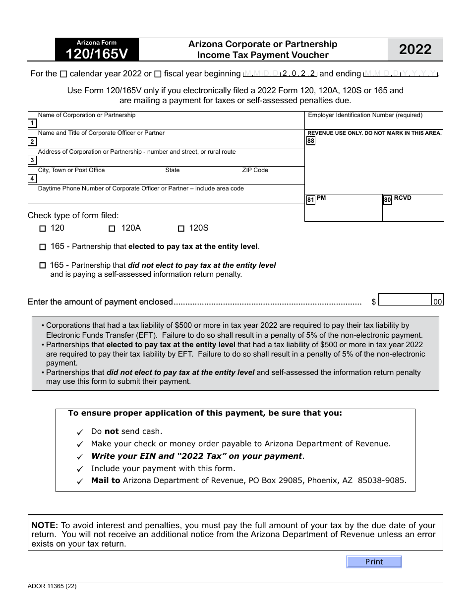 Arizona Form 120 / 165V (ADOR11365) Arizona Corporate or Partnership Income Tax Payment Voucher - Arizona, Page 1
