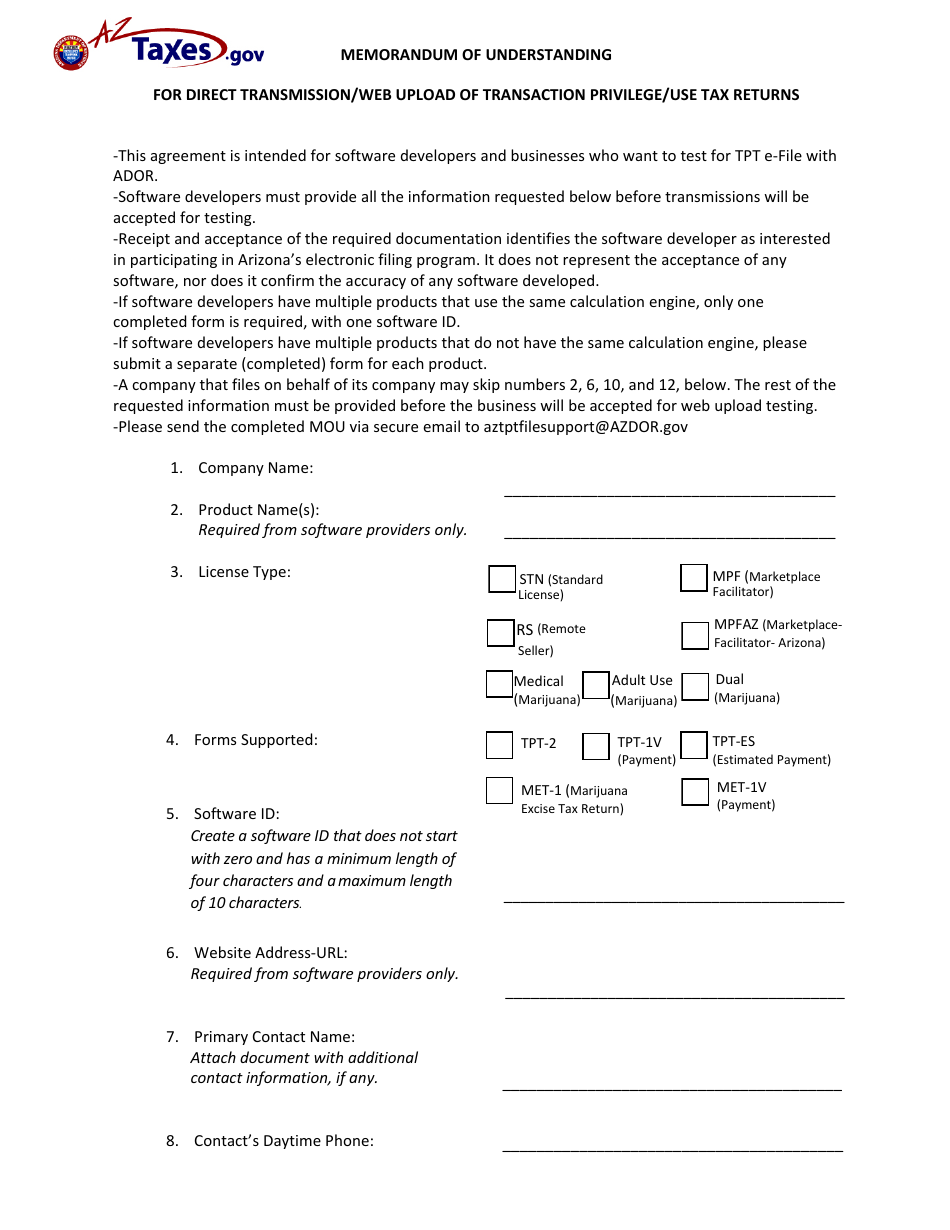 Memorandum of Understanding for Direct Transmission / Web Upload of Transaction Privilege / Use Tax Returns - Arizona, Page 2