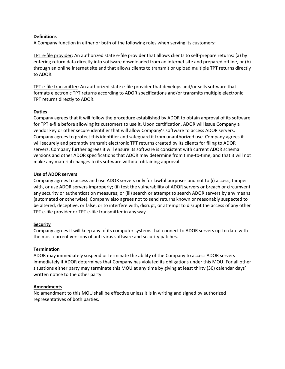 Memorandum of Understanding for Direct Transmission / Web Upload of Transaction Privilege / Use Tax Returns - Arizona, Page 5