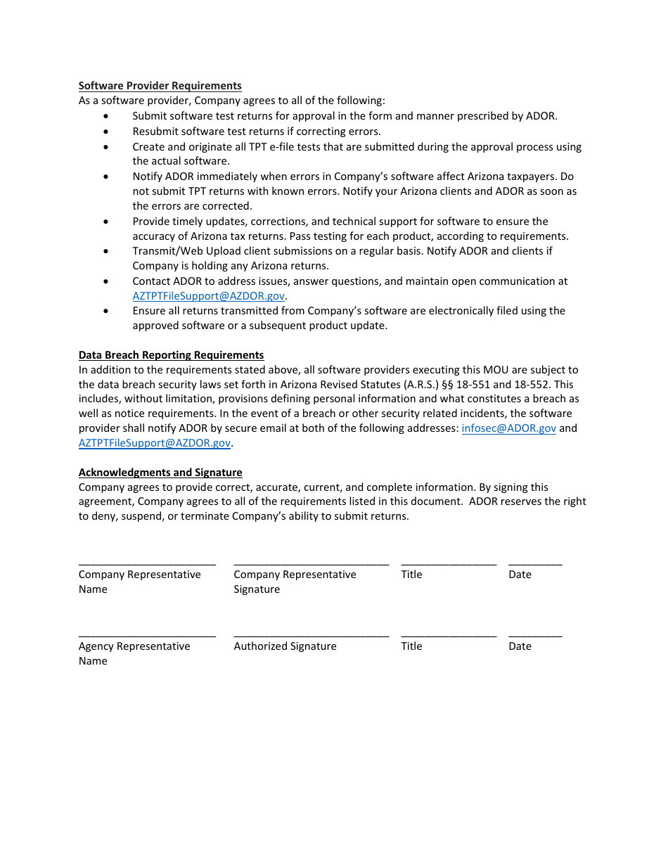 Memorandum of Understanding for Direct Transmission / Web Upload of Transaction Privilege / Use Tax Returns - Arizona, Page 6