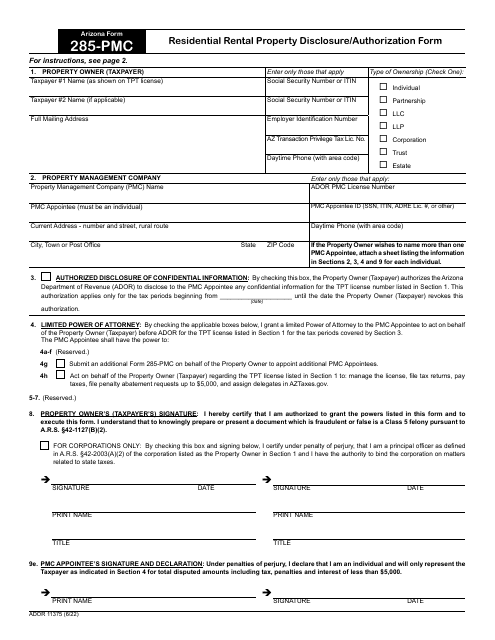 Arizona Form 285-PMC (ADOR11375)  Printable Pdf