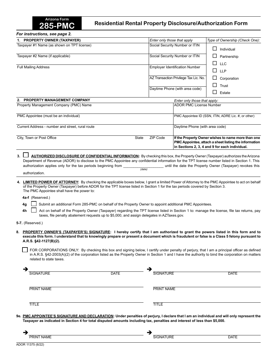 Arizona Form 285 PMC ADOR11375 Download Fillable PDF Or Fill Online   Arizona Form 285 Pmc Ador11375 Residential Rental Property Disclosure Authorization Form Arizona Print Big 