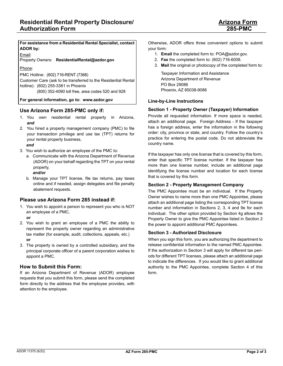 Arizona Form 285-PMC (ADOR11375) Residential Rental Property Disclosure / Authorization Form - Arizona, Page 2