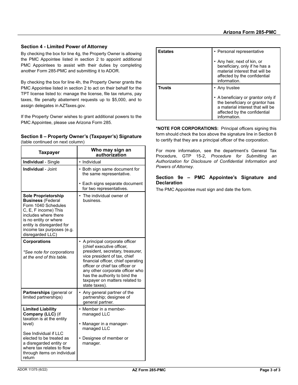 Arizona Form 285-PMC (ADOR11375) Residential Rental Property Disclosure / Authorization Form - Arizona, Page 3