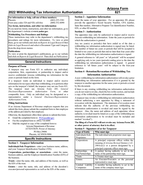 Instructions for Arizona Form 821, ADOR10172 Withholding Tax Information Authorization - Arizona, 2022