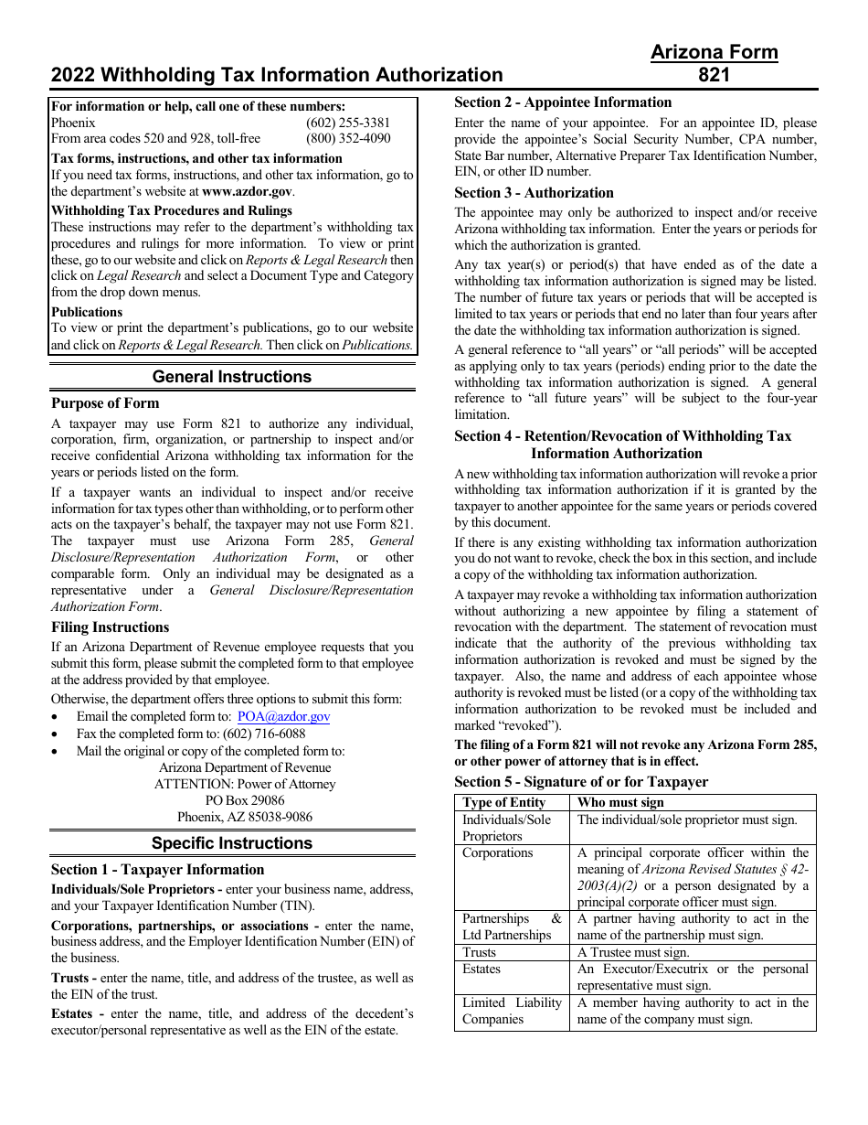 Instructions for Arizona Form 821, ADOR10172 Withholding Tax Information Authorization - Arizona, Page 1