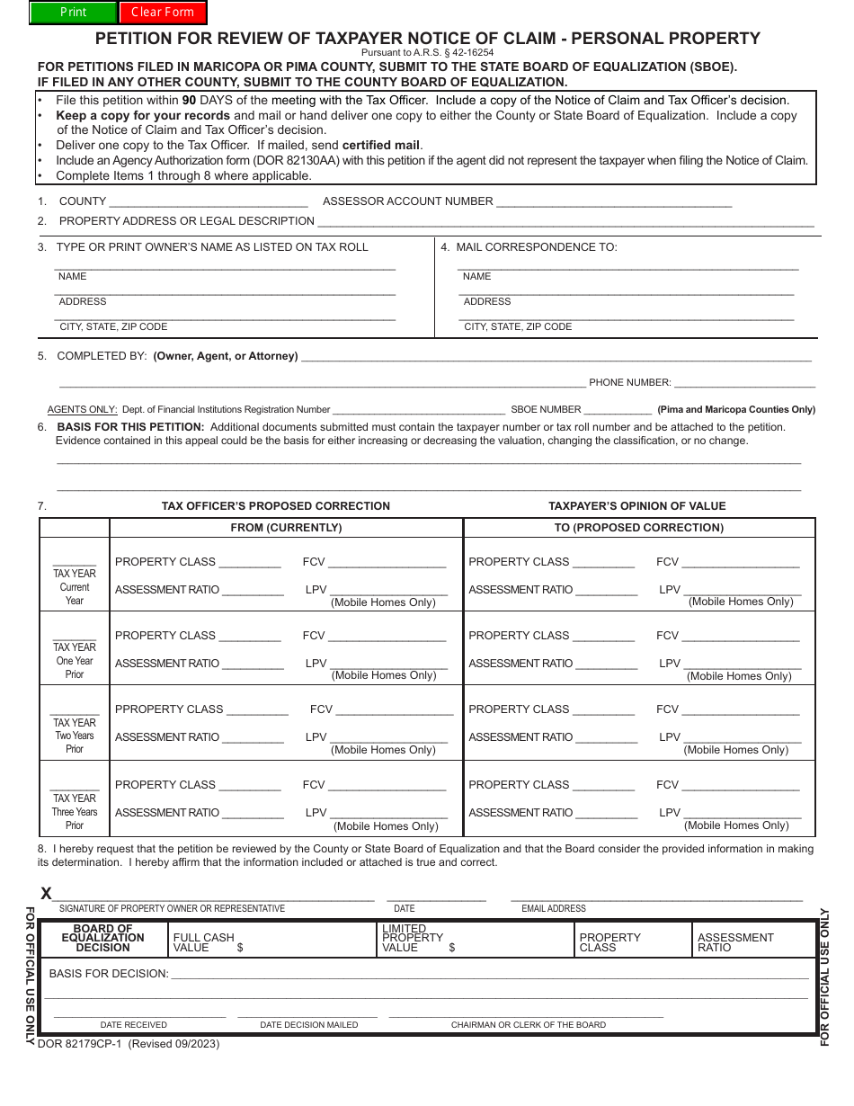 Form DOR82179CP-1 Petition for Review of Taxpayer Notice of Claim - Personal Property - Arizona, Page 1
