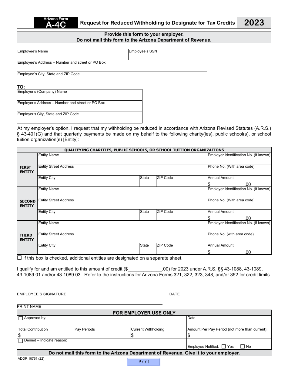 Arizona Form A-4C (ADOR10761) Request for Reduced Withholding to Designate for Tax Credits - Arizona, Page 1