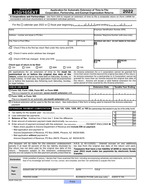 Arizona Form 120/165EXT (ADOR10340) Application for Automatic Extension of Time to File Corporation, Partnership, and Exempt Organization Returns - Arizona, 2022