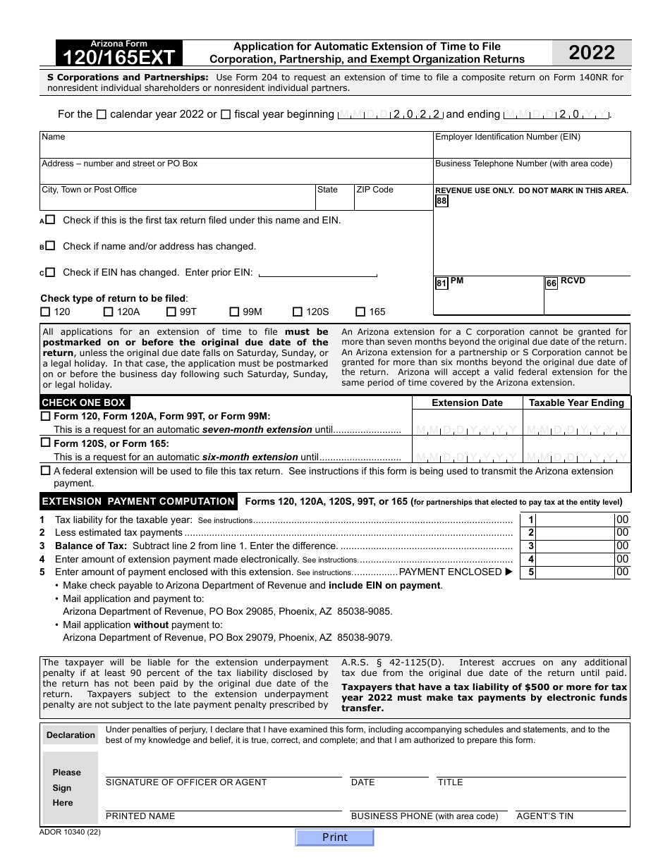 Arizona Form 120/165EXT (ADOR10340) 2022 Fill Out, Sign Online and