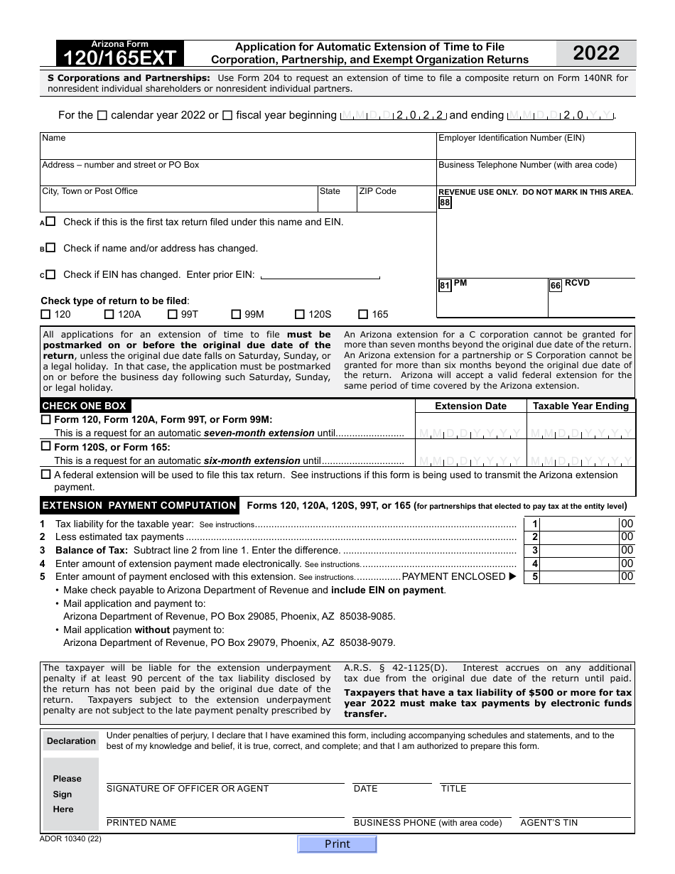 Arizona Form 120 / 165EXT (ADOR10340) Application for Automatic Extension of Time to File Corporation, Partnership, and Exempt Organization Returns - Arizona, Page 1