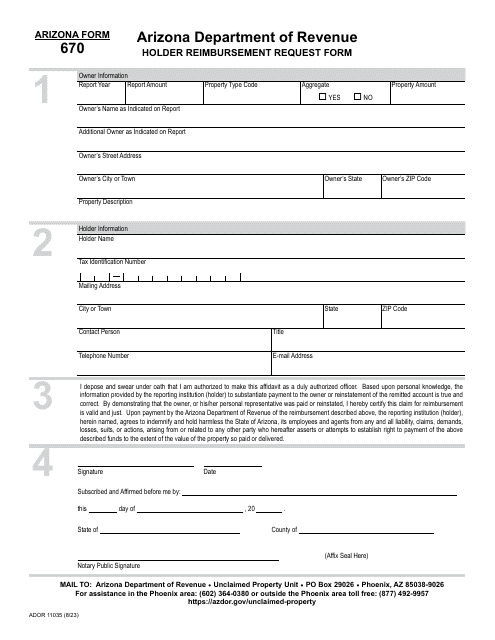 Arizona Form 670 (ADOR11035) Holder Reimbursement Request Form - Arizona
