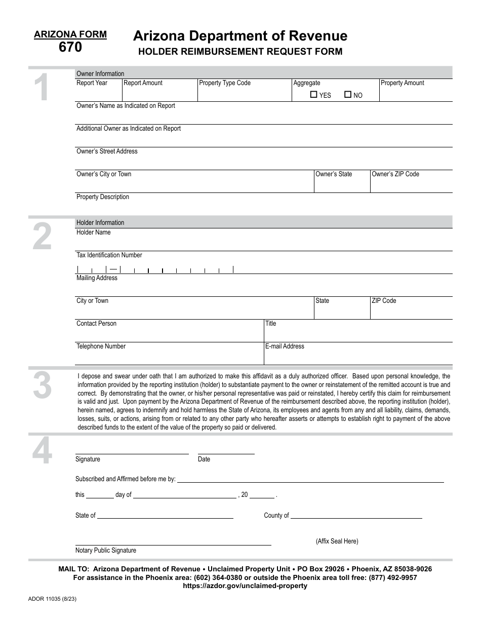 Arizona Form 670 (ADOR11035) Holder Reimbursement Request Form - Arizona, Page 1