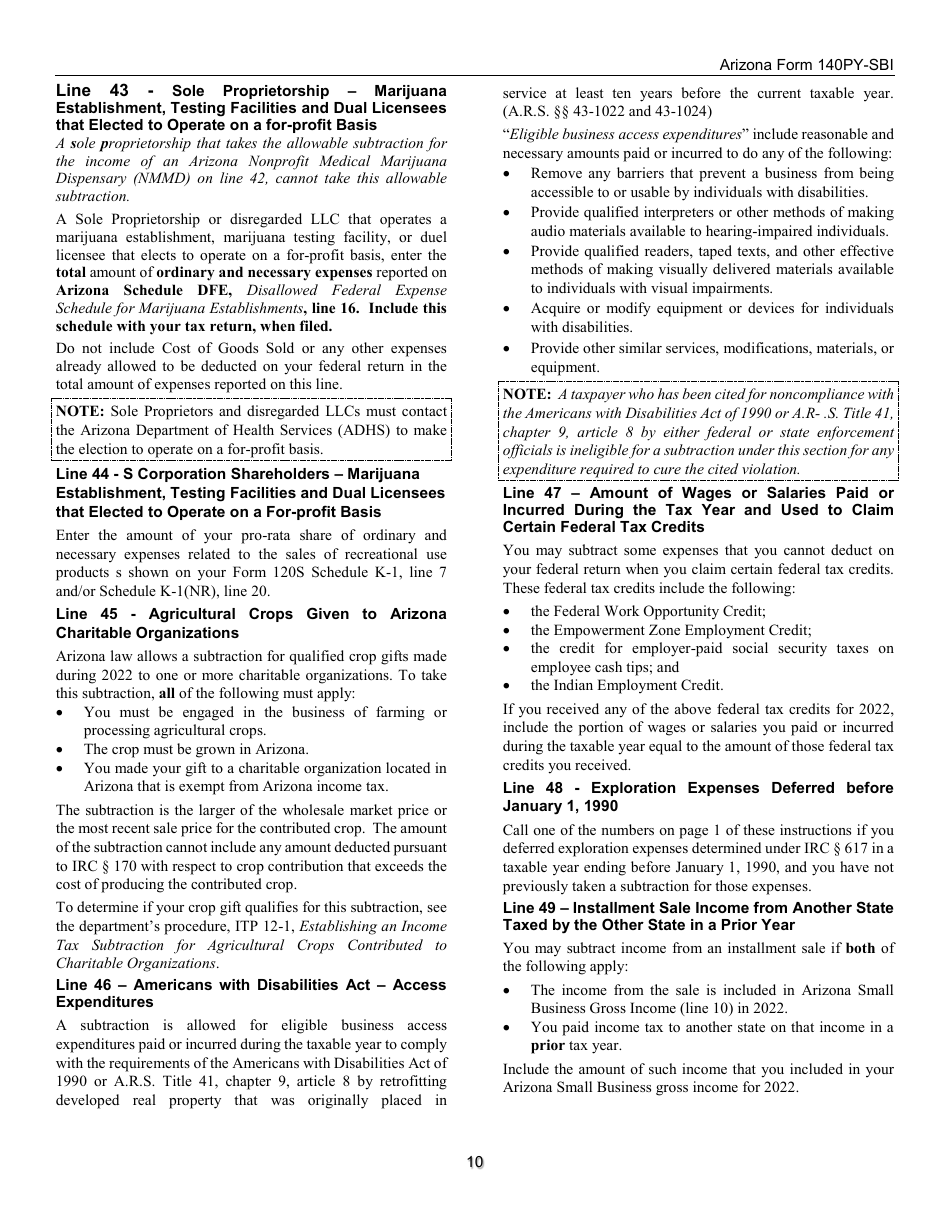 Instructions for Form 140PY-SBI, ADOR11407 Small Business Income Tax Return (Part-Year Residents) - Arizona, Page 10