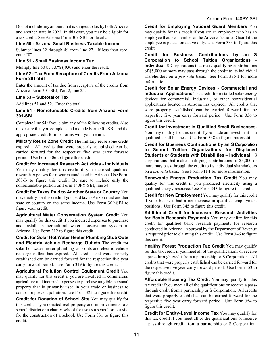 Instructions for Form 140PY-SBI, ADOR11407 Small Business Income Tax Return (Part-Year Residents) - Arizona, Page 11