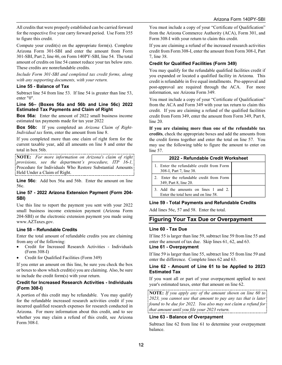 Instructions for Form 140PY-SBI, ADOR11407 Small Business Income Tax Return (Part-Year Residents) - Arizona, Page 12