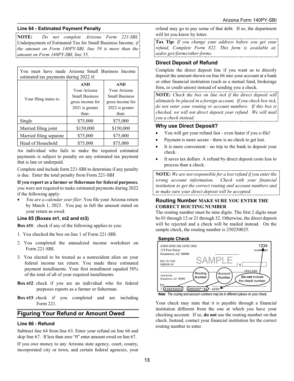 Instructions for Form 140PY-SBI, ADOR11407 Small Business Income Tax Return (Part-Year Residents) - Arizona, Page 13
