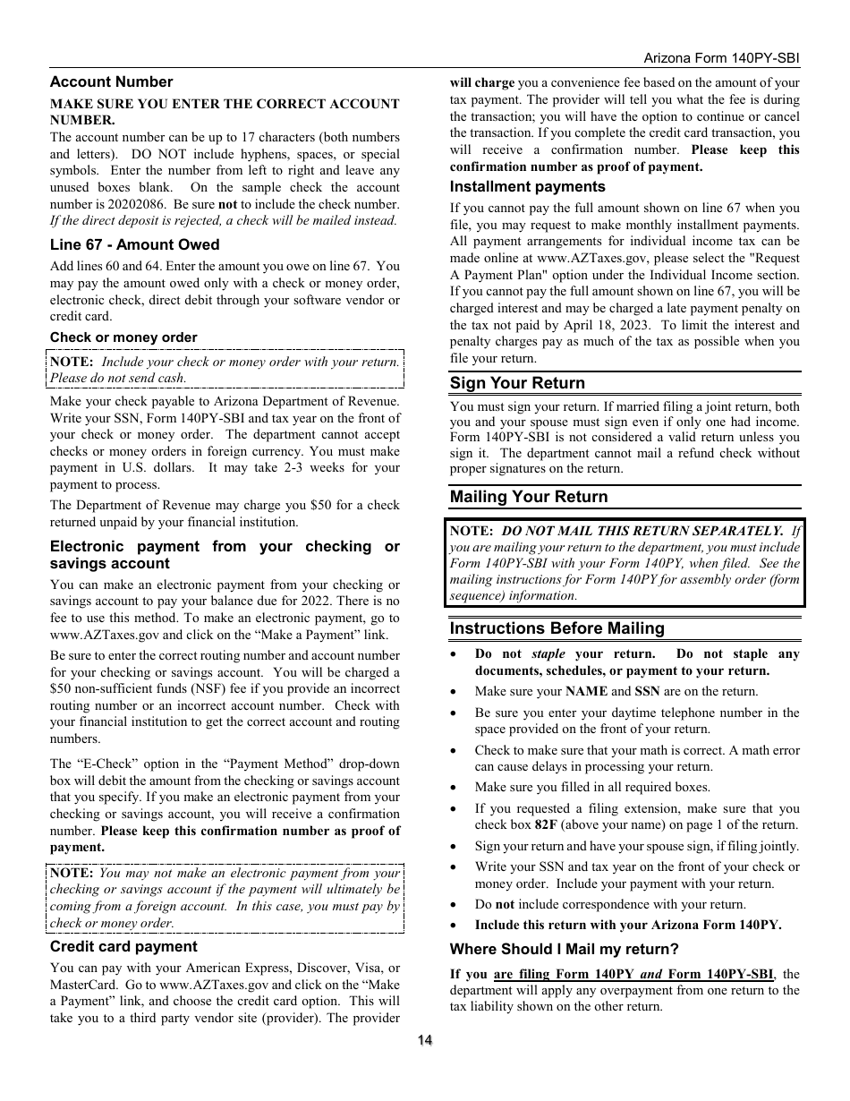 Instructions for Form 140PY-SBI, ADOR11407 Small Business Income Tax Return (Part-Year Residents) - Arizona, Page 14