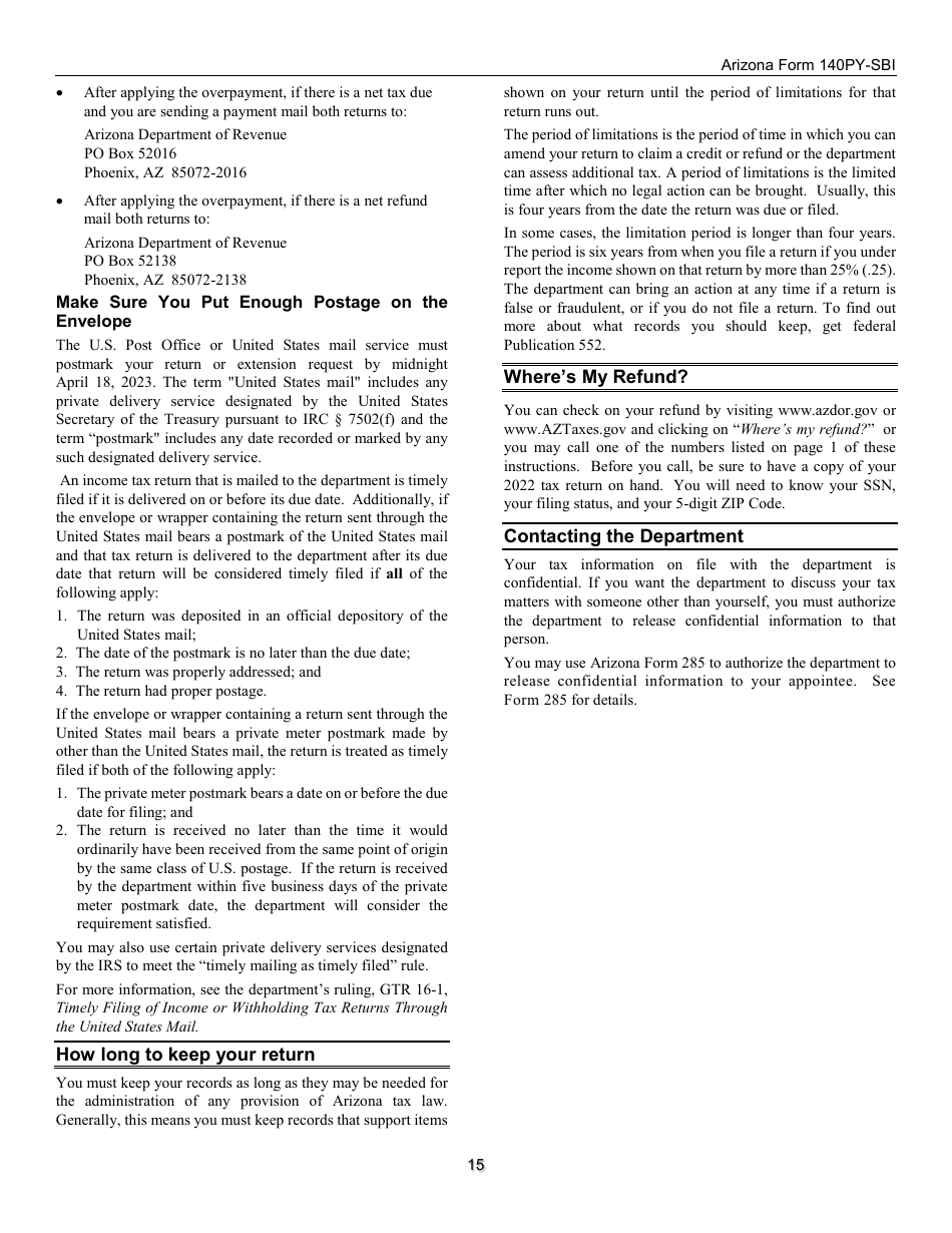 Instructions for Form 140PY-SBI, ADOR11407 Small Business Income Tax Return (Part-Year Residents) - Arizona, Page 15