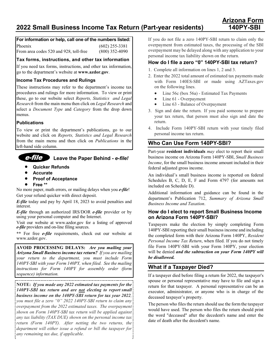 Instructions for Form 140PY-SBI, ADOR11407 Small Business Income Tax Return (Part-Year Residents) - Arizona, Page 1