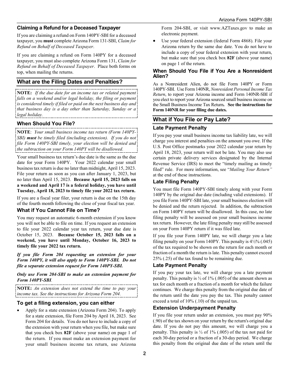Instructions for Form 140PY-SBI, ADOR11407 Small Business Income Tax Return (Part-Year Residents) - Arizona, Page 2