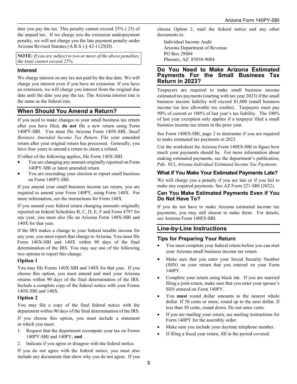 Instructions for Form 140PY-SBI, ADOR11407 Small Business Income Tax Return (Part-Year Residents) - Arizona, Page 3