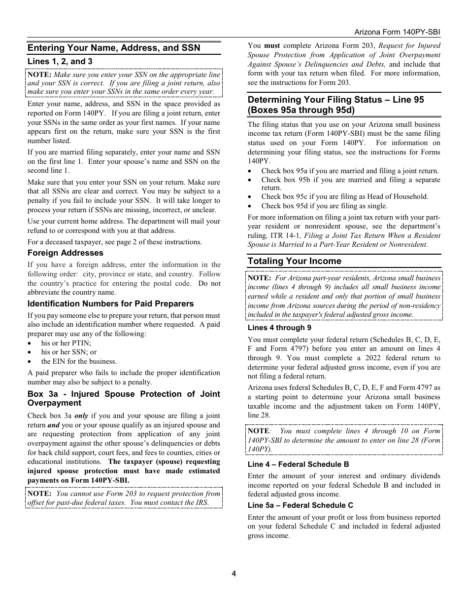 Instructions for Form 140PY-SBI, ADOR11407 Small Business Income Tax Return (Part-Year Residents) - Arizona, Page 4