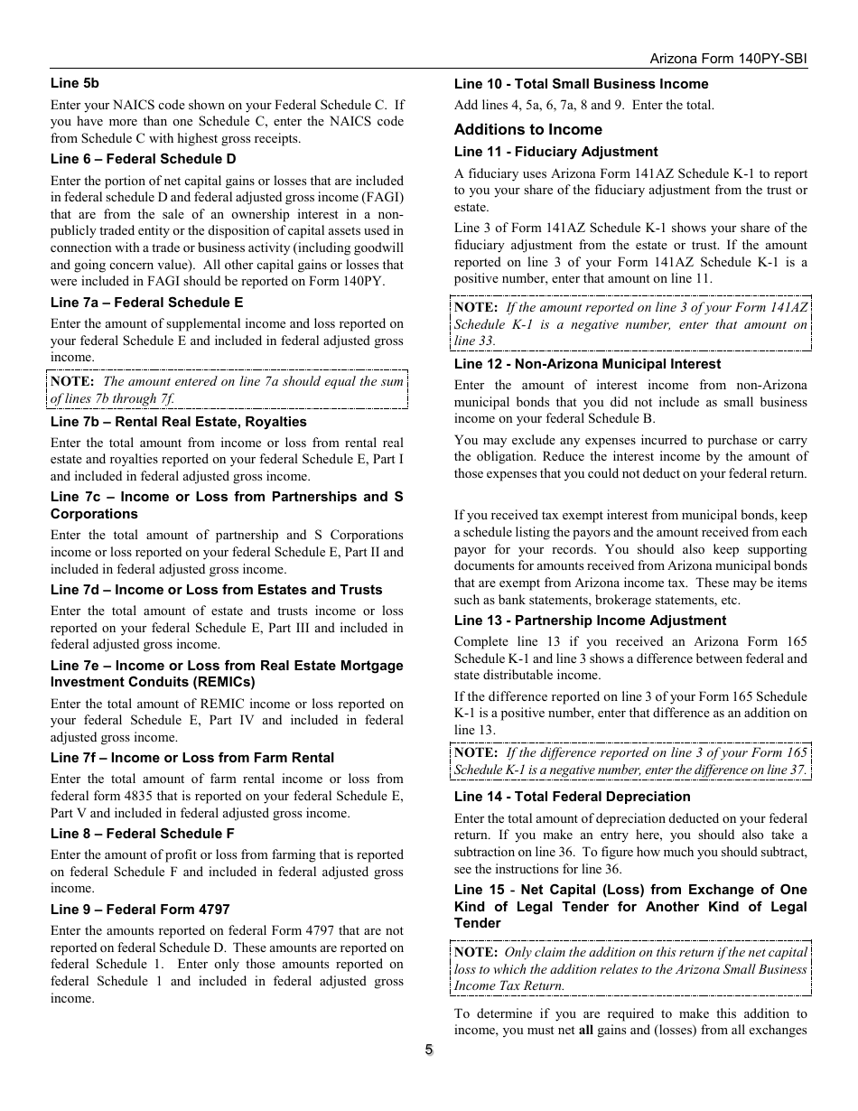 Instructions for Form 140PY-SBI, ADOR11407 Small Business Income Tax Return (Part-Year Residents) - Arizona, Page 5