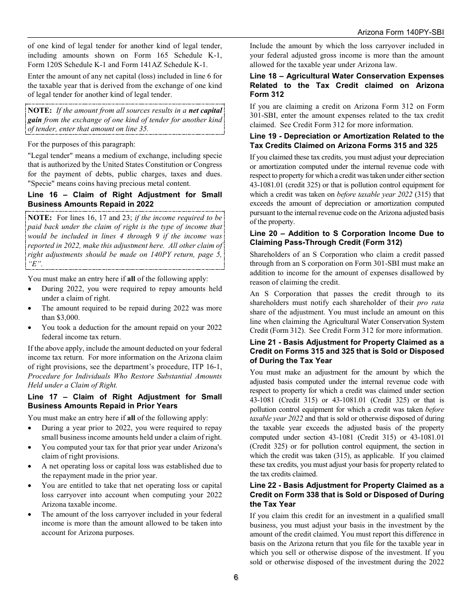 Instructions for Form 140PY-SBI, ADOR11407 Small Business Income Tax Return (Part-Year Residents) - Arizona, Page 6