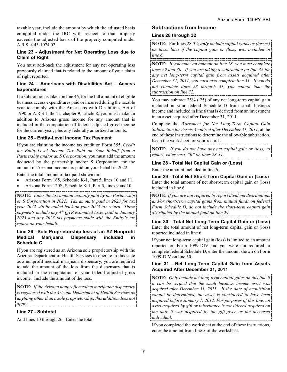 Instructions for Form 140PY-SBI, ADOR11407 Small Business Income Tax Return (Part-Year Residents) - Arizona, Page 7