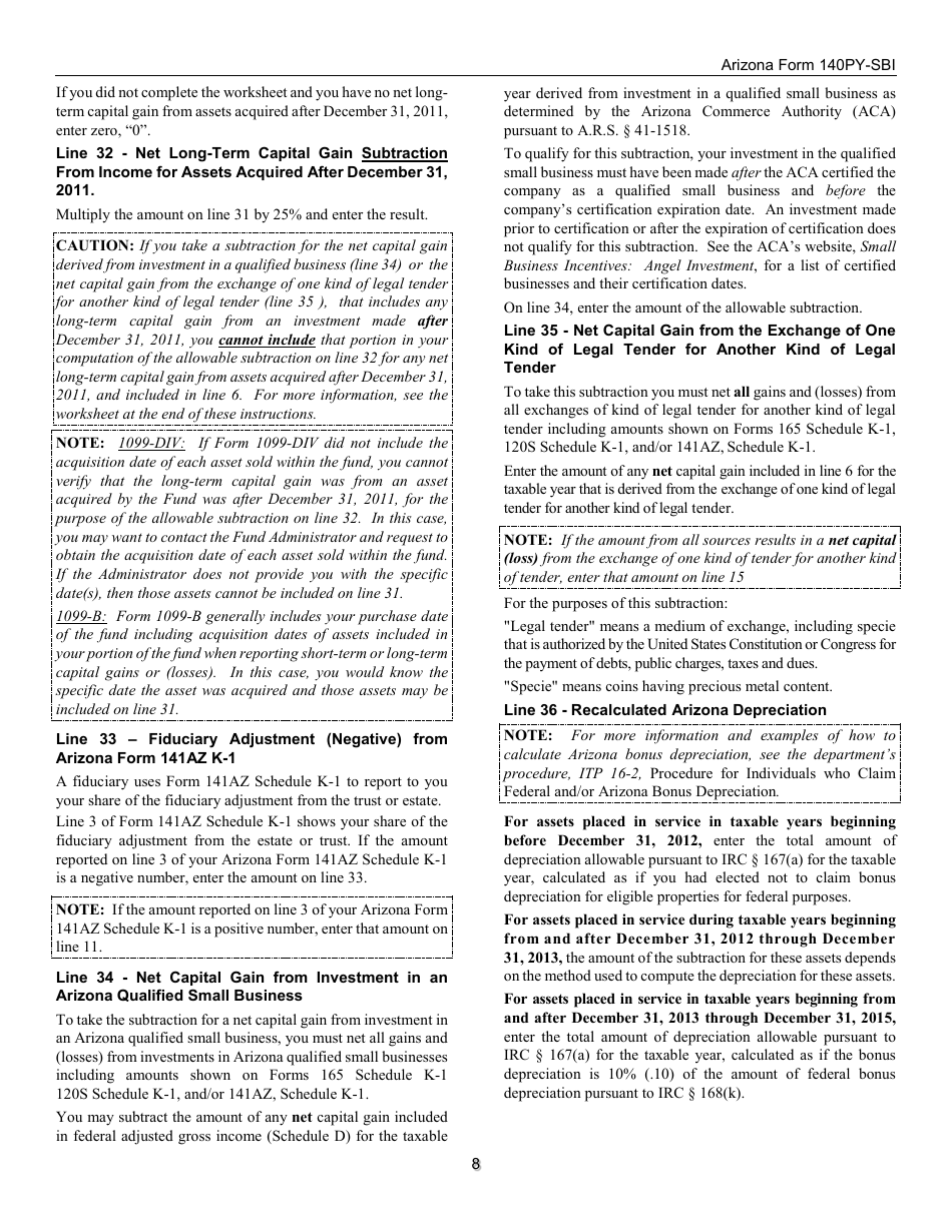Instructions for Form 140PY-SBI, ADOR11407 Small Business Income Tax Return (Part-Year Residents) - Arizona, Page 8