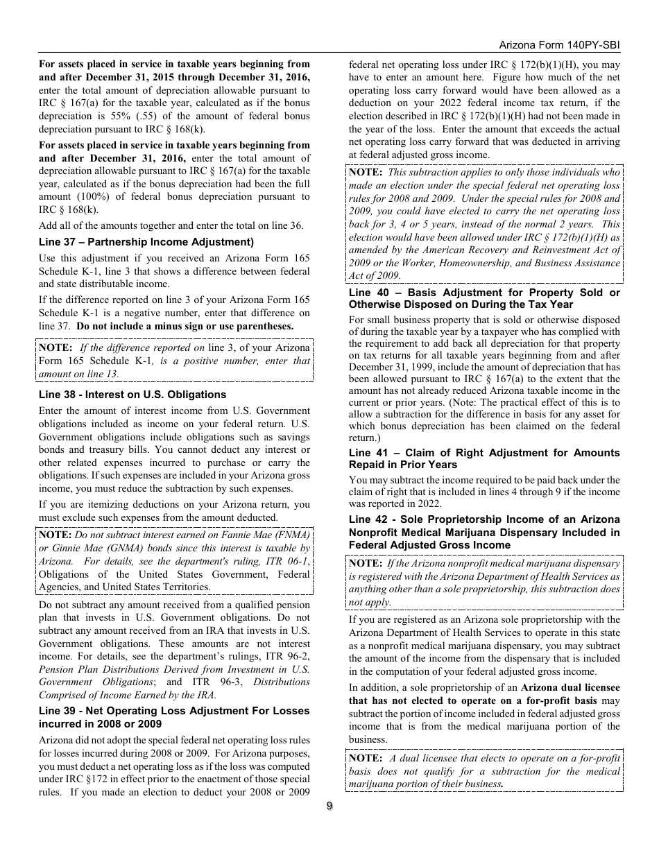 Instructions for Form 140PY-SBI, ADOR11407 Small Business Income Tax Return (Part-Year Residents) - Arizona, Page 9