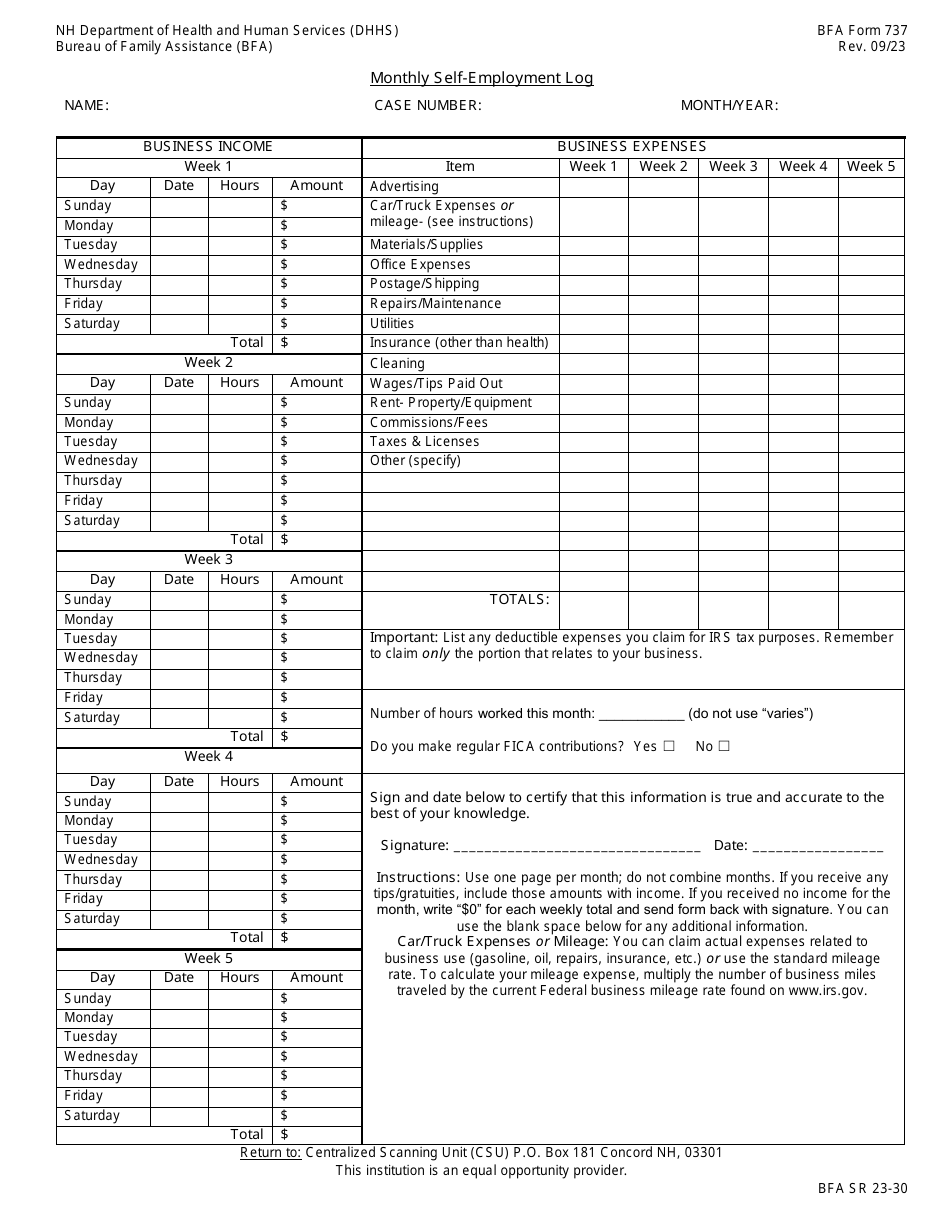 BFA Form 737 Monthly Self-employment Log - New Hampshire, Page 1