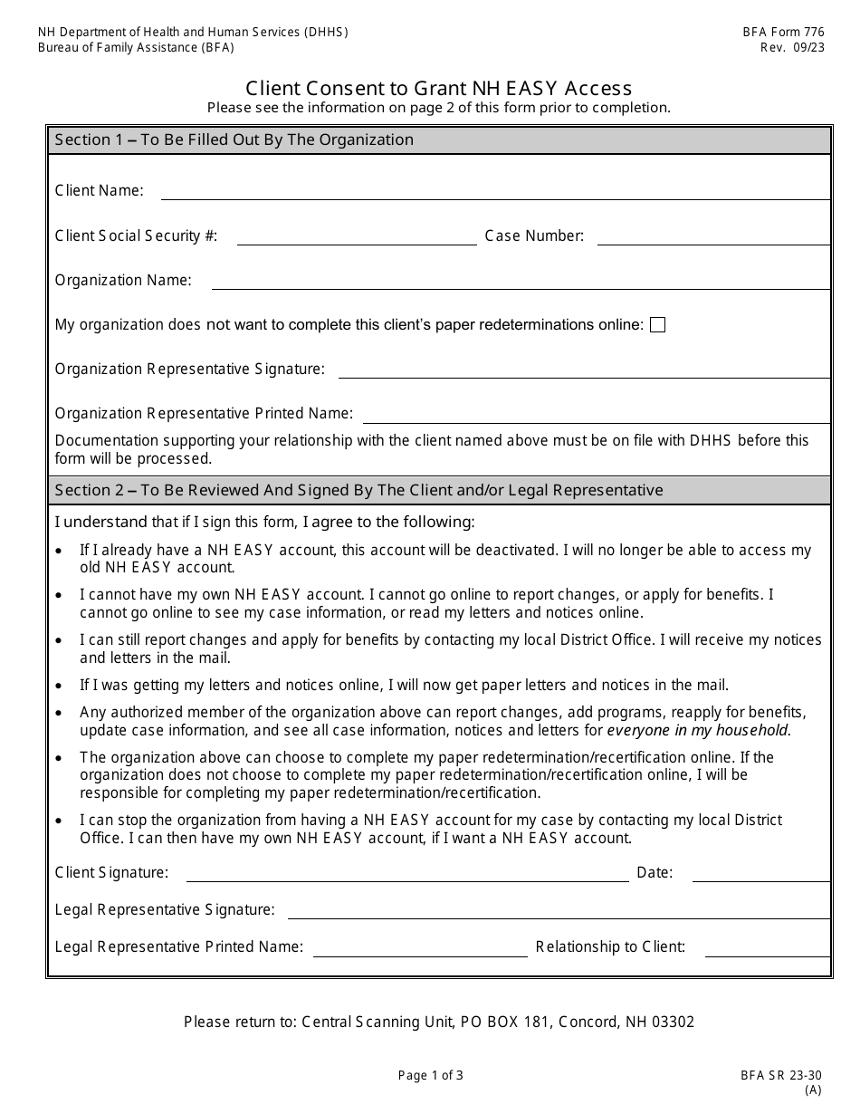 BFA Form 776 Client Consent to Grant Nh Easy Access - New Hampshire, Page 1