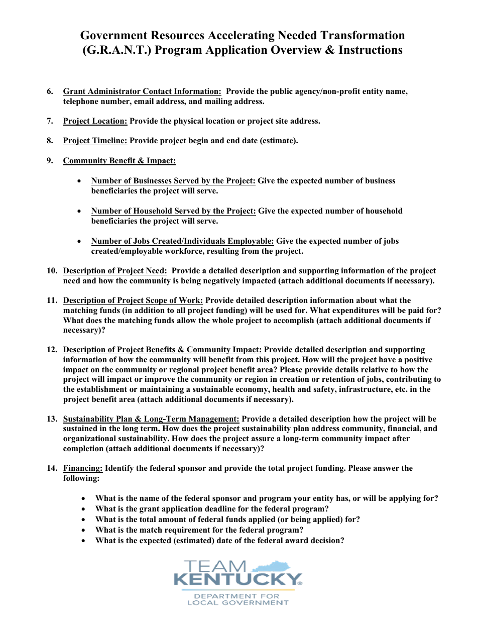 Government Resources Accelerating Needed Transformation (G.r.a.n.t.) Program Application - Kentucky, Page 9