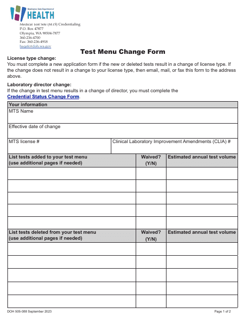 DOH Form 505-088 Test Menu Change Form - Washington