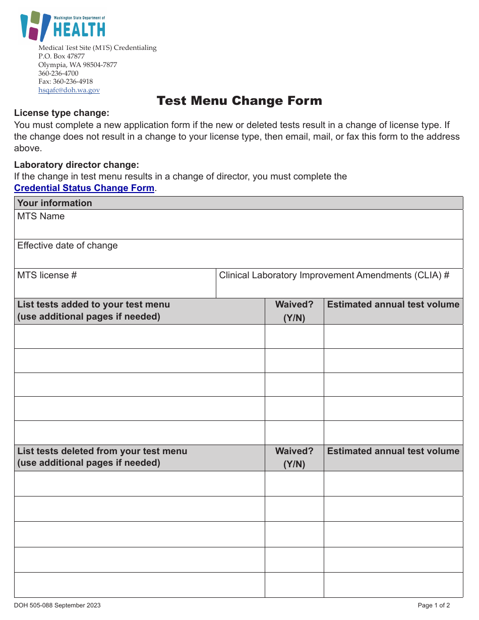 DOH Form 505-088 Test Menu Change Form - Washington, Page 1