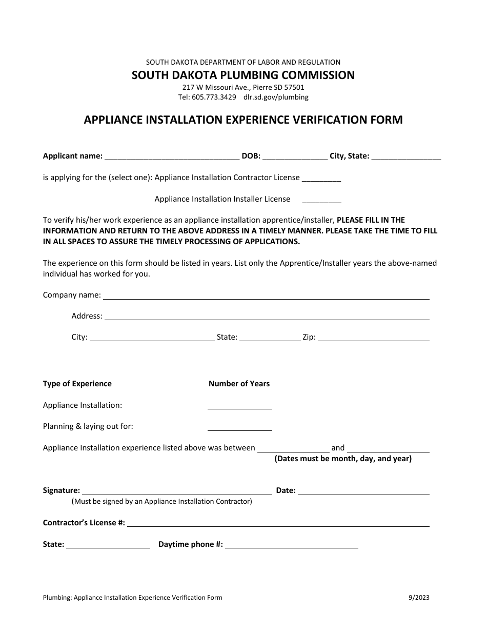 Appliance Installation Experience Verification Form - South Carolina, Page 1