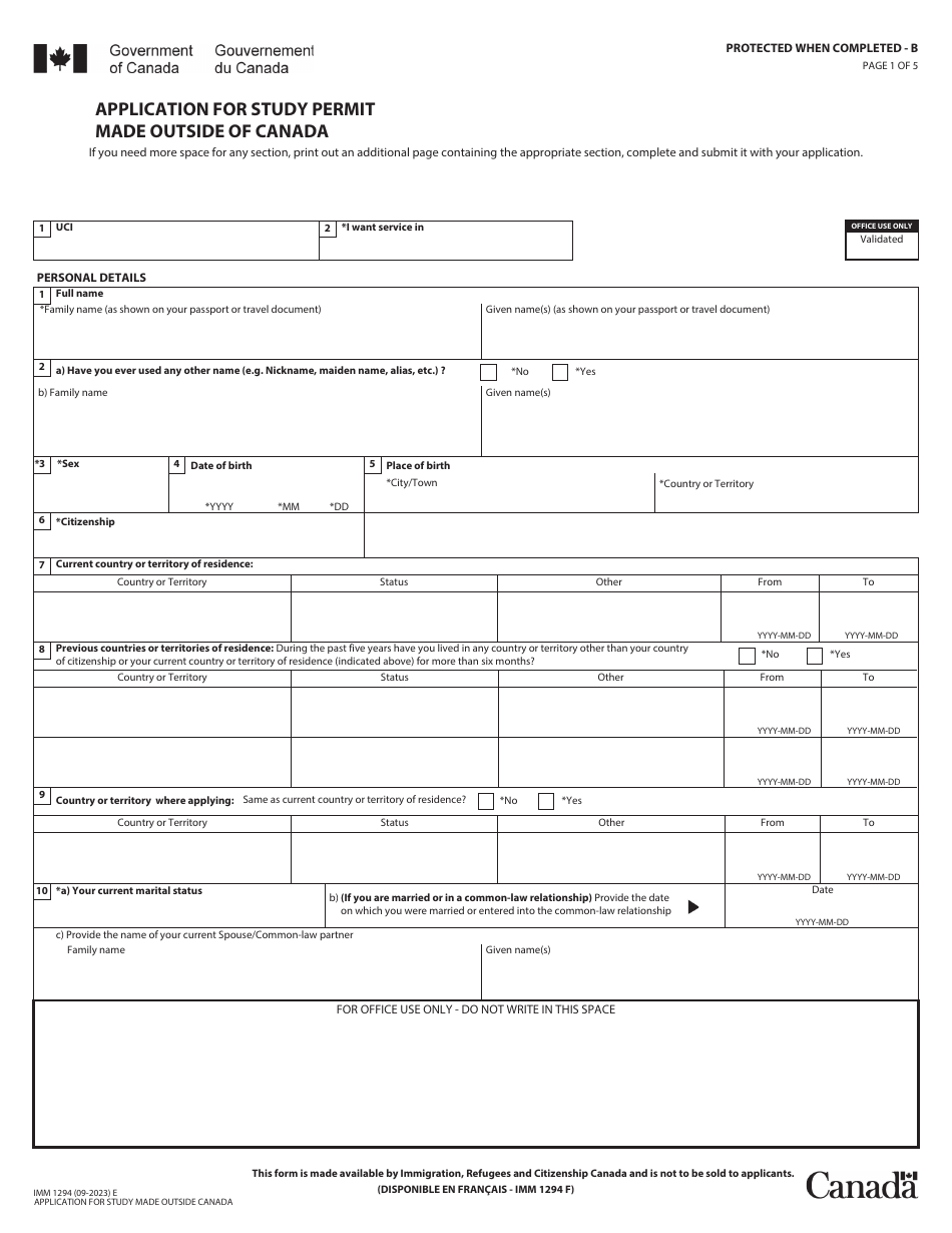 Form IMM1294 Download Fillable PDF Or Fill Online Application For A ...