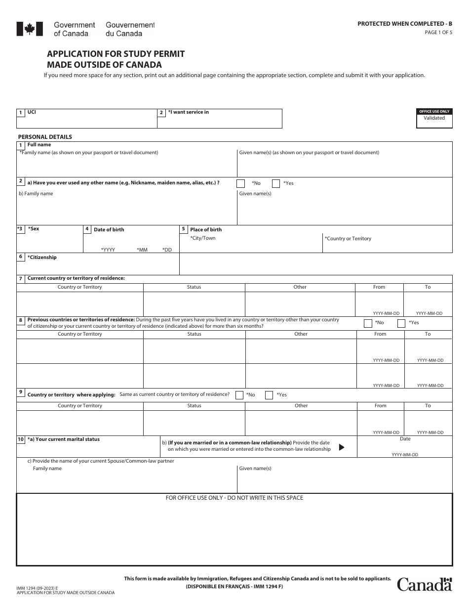 Form IMM1294 Application for Study Permit Made Outside of Canada - Canada, Page 1