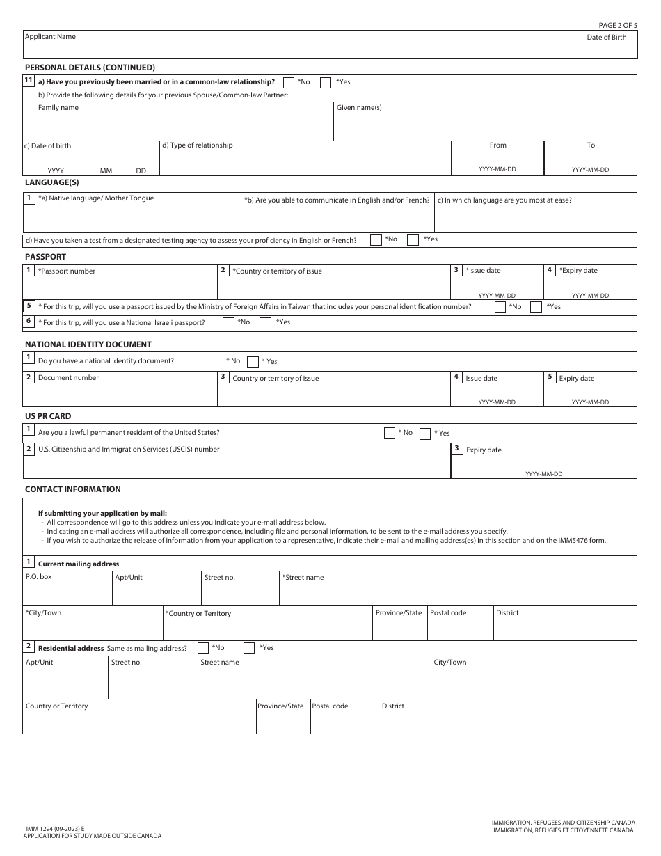 Form IMM1294 Download Fillable PDF or Fill Online Application for a ...