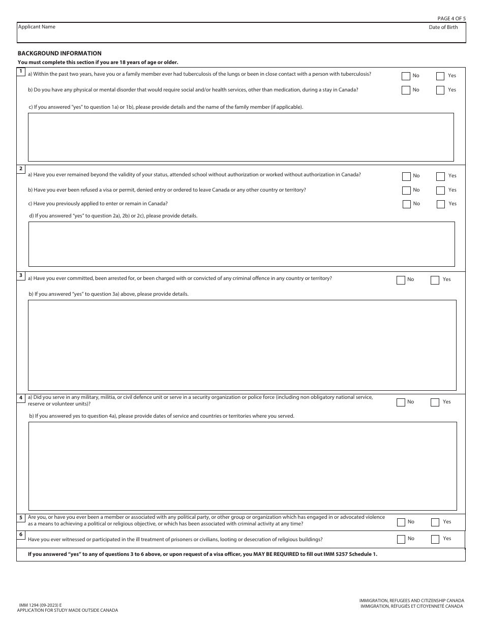 Form IMM1294 Application for Study Permit Made Outside of Canada - Canada, Page 4