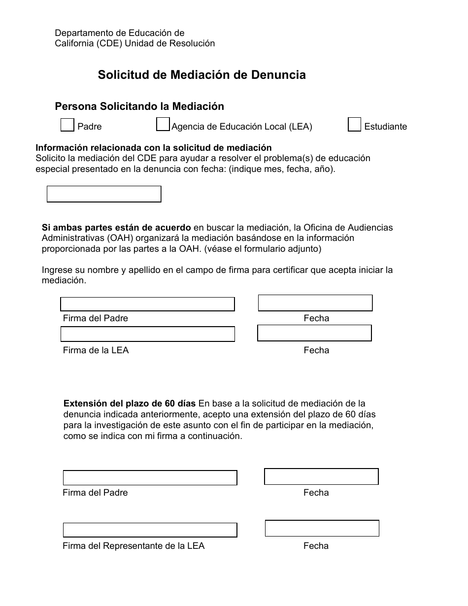 Solicitud De Mediacion De Denuncia - California (Spanish), Page 1