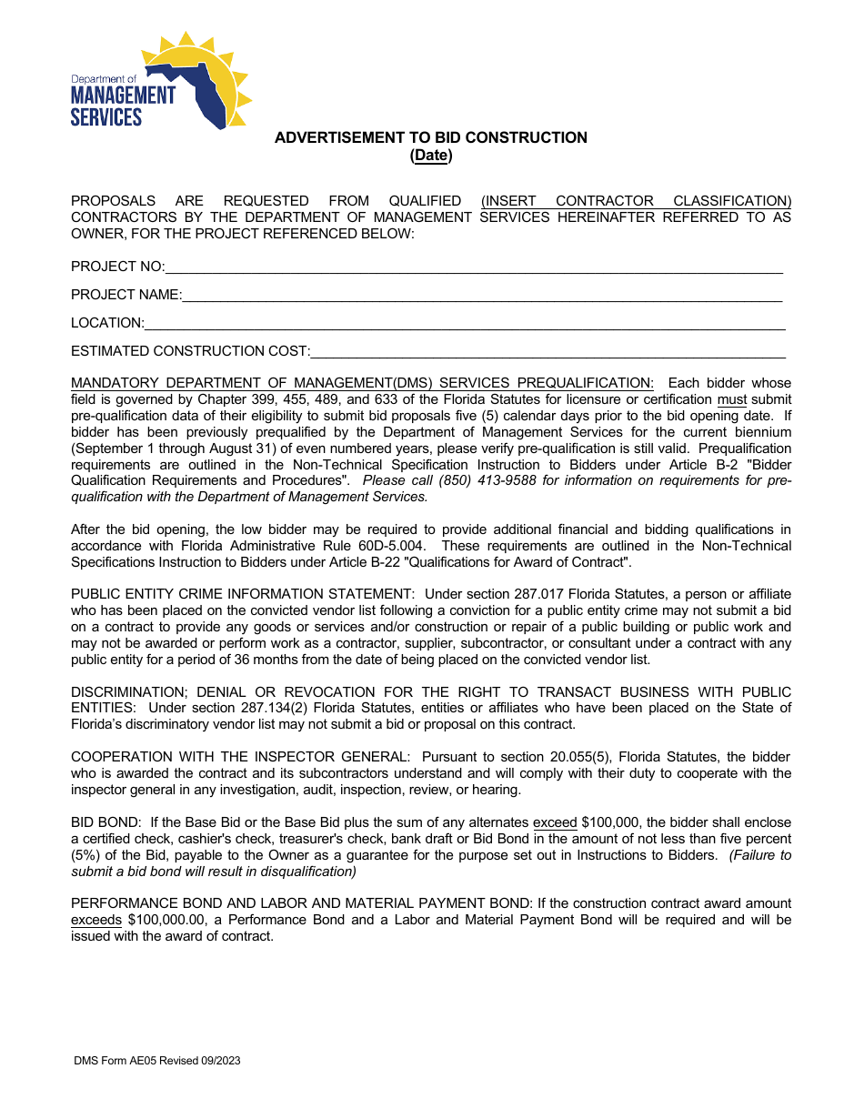 DMS Form AE05 Advertisement to Bid Construction - Florida, Page 1