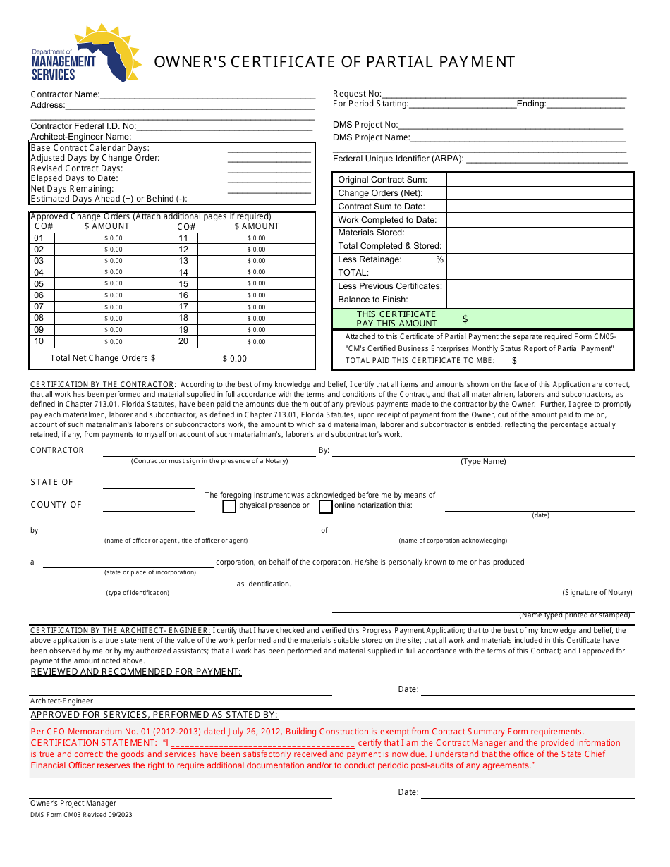 DMS Form CM03 Owners Certificate of Partial Payment - Florida, Page 1