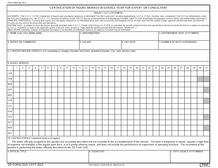 DD Form 2525 Certification of Hours Worked in Service Year for Expert or Consultant